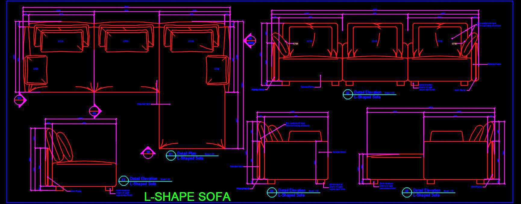 Corner L-Shape Sofa CAD Plans with Elevation and Sections